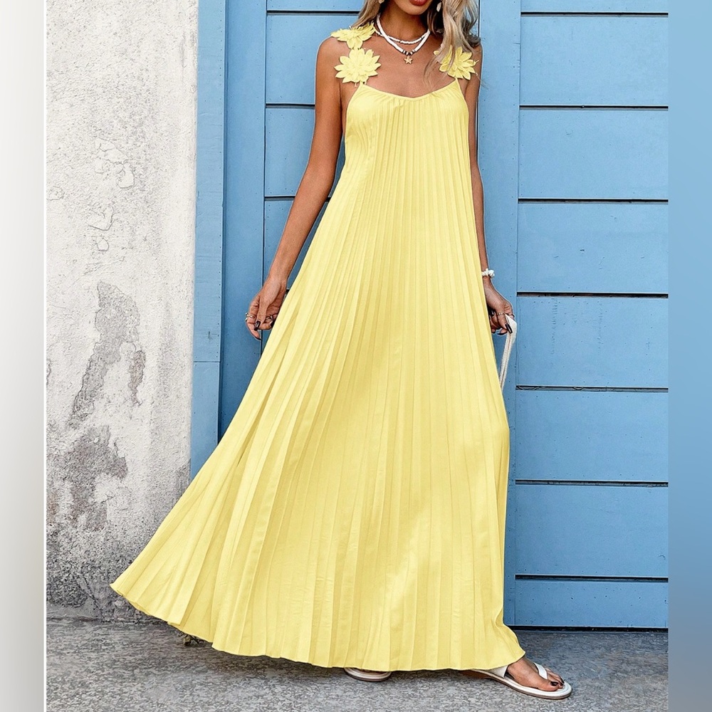 Pleated Maxi With Floral Applique Straps Yellow